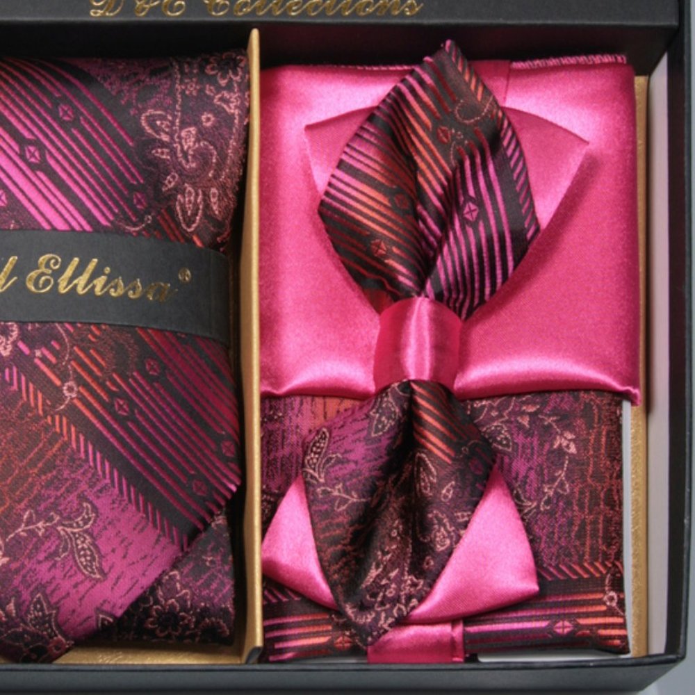 6 Piece Pink Black Fuchsia Necktie & Bow Tie Set - Picture 4 of 6